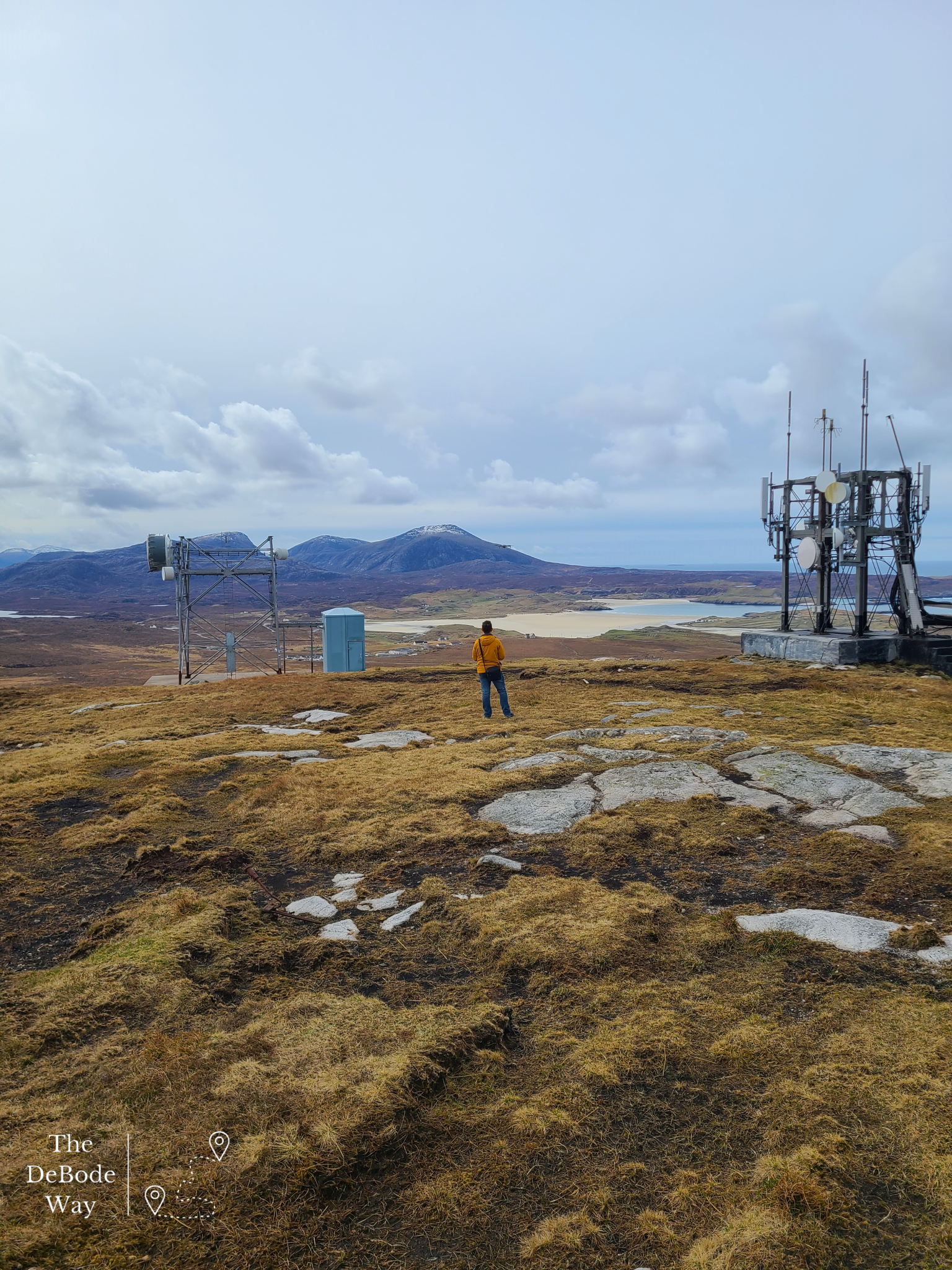 Flying a drone from the top of a hill surrounded by mountains and moors