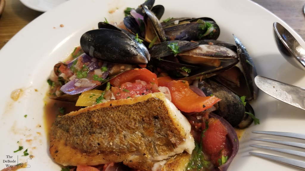 seafood dinner with mussles, fish and ratatouille