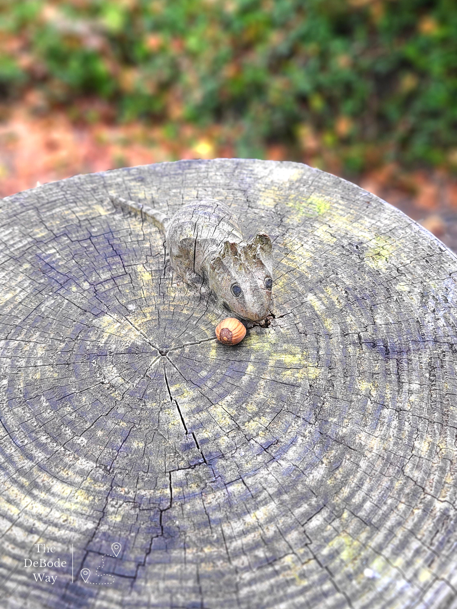 Mouse carving in a stump with a real acorn