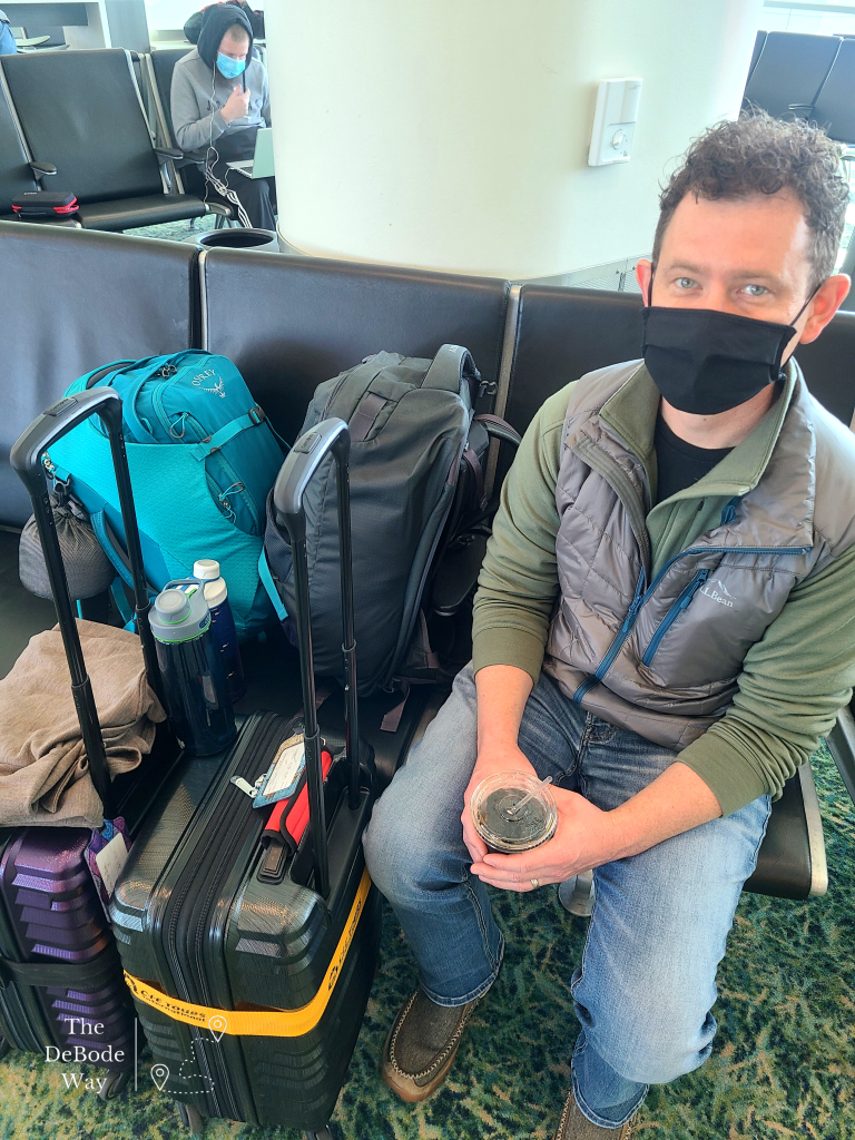 Jason guarding all our bags to prevent theft on our way to Scotland