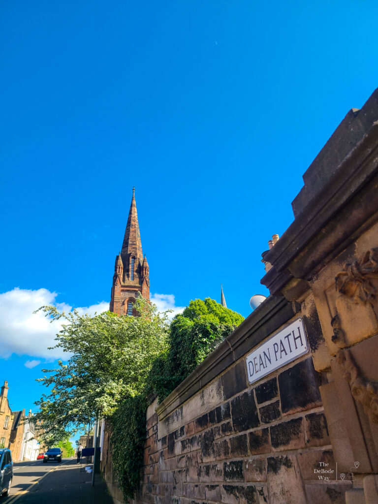 Cathedral spire along Dean Path in Dean Village