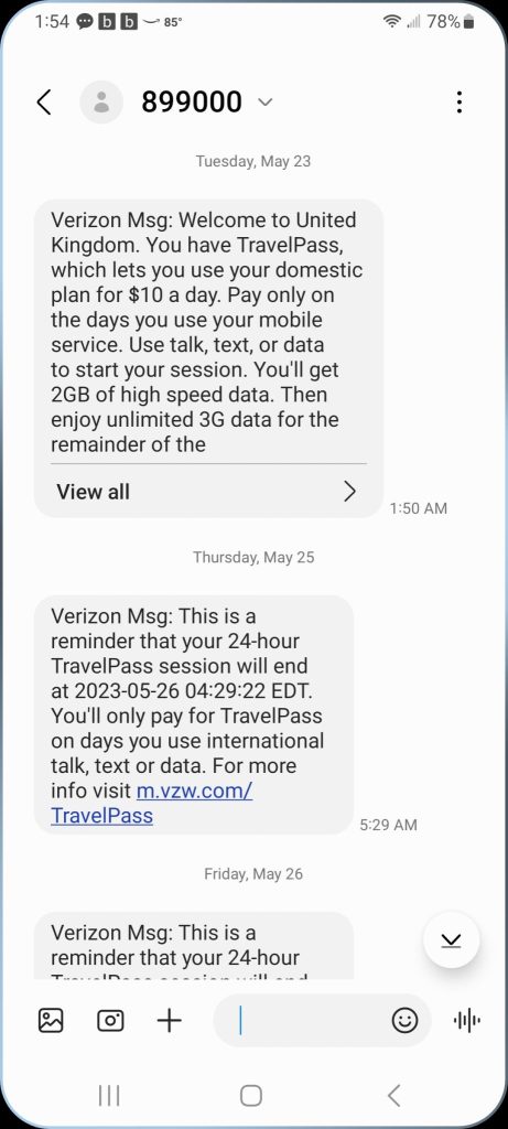 Our phone TravelPass activation texts from Verizon