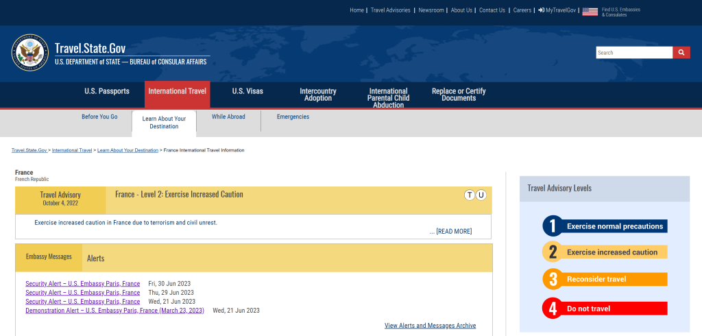 State Department's travel advisory website