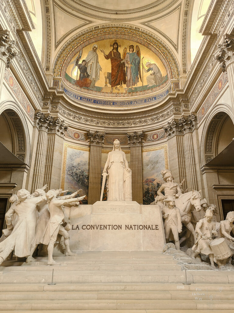 Statue of Marianne at the Pantheon with deputies taking the oath and pointing towards the Constitution and soldiers of the French Republic. Inscription - Vivre libre ou mourir