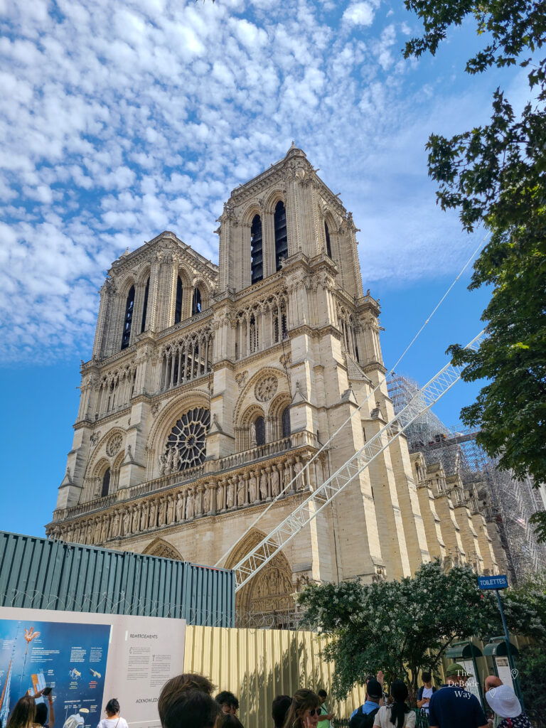 The front facade of Notre Dame Paris during renovation