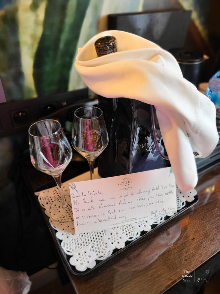 Prosecco on arrival at Hotel Vinci Due Paris
