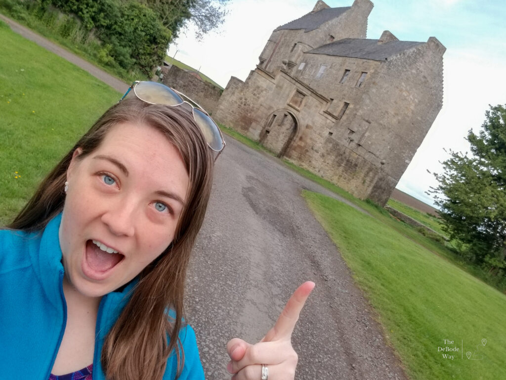 Tasha in front of Midhope Castle