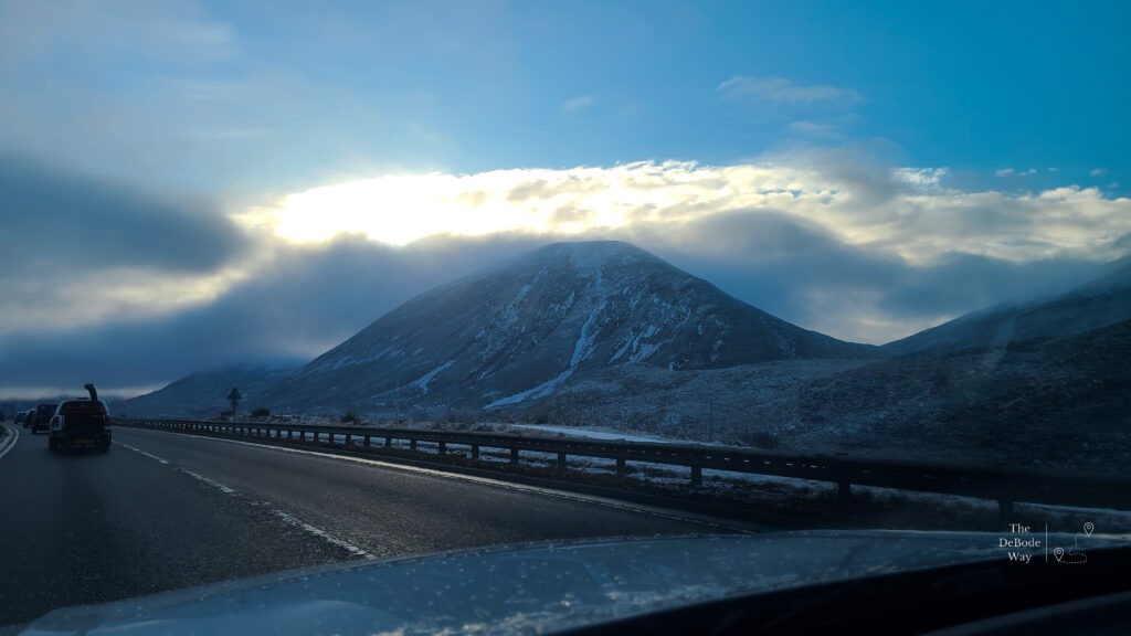 Driving through the Cairngorms National Park in the snow