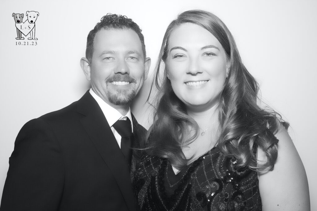 Happy New Year - Jason and Tasha in black tie in a black and white photo