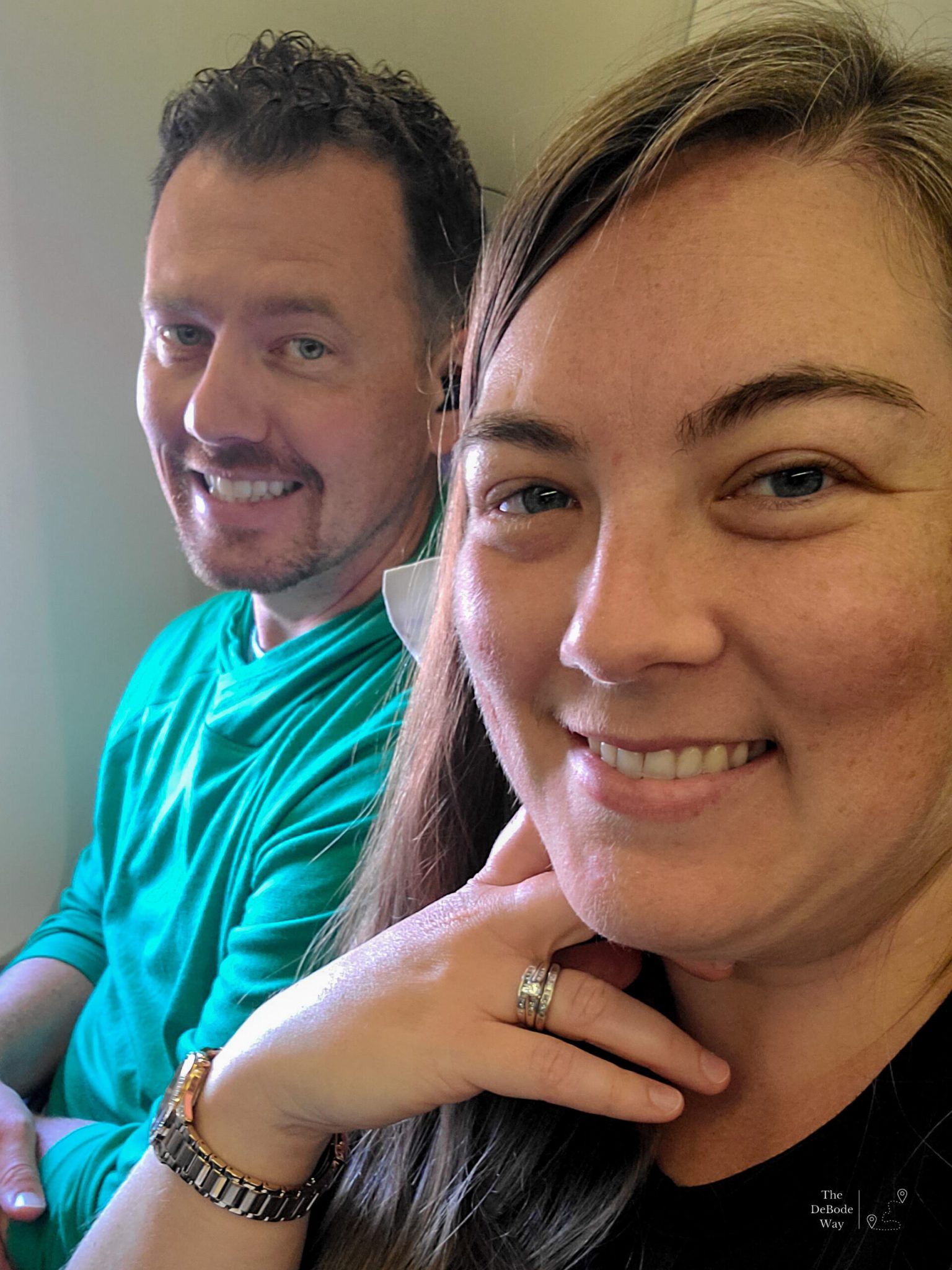 Jason and Tasha on a flight to Europe