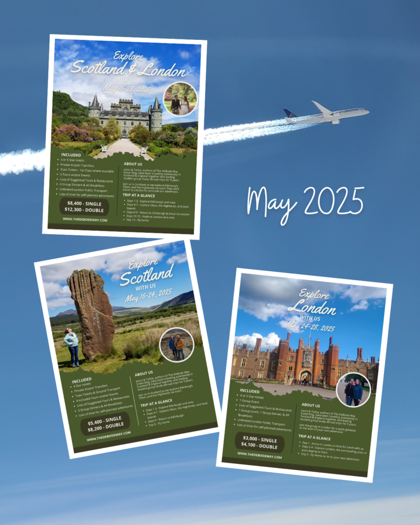 Information for three trip options for May 2025 - Scotland and London, Scotland only, and London only. Airplane in blue sky background.