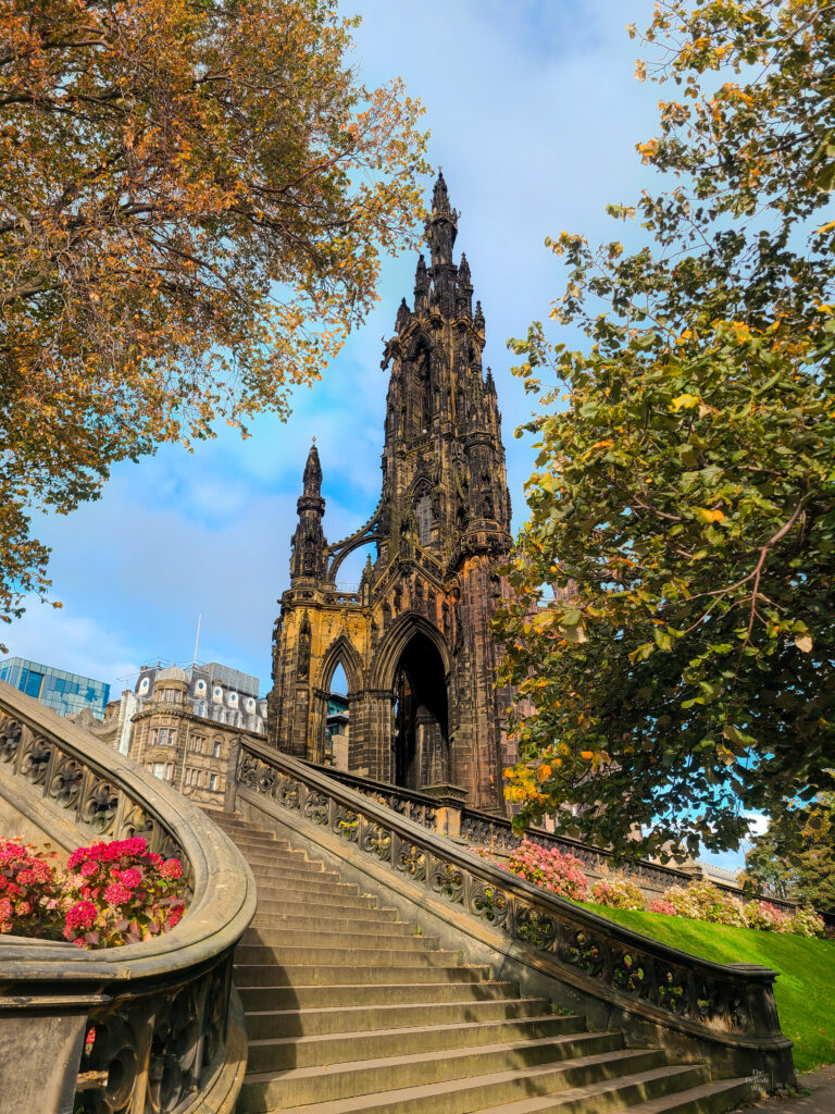 Scott Monument in Edinburgh surrounded in fall colors on our latest small group trip