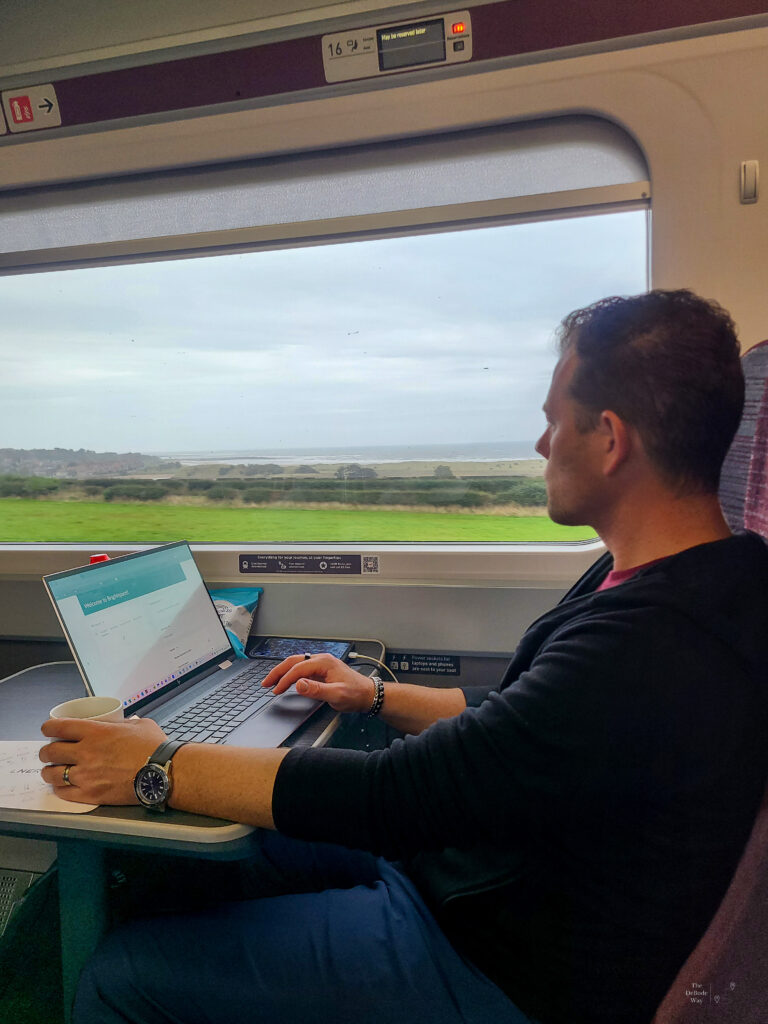 Office with a view of the North Sea from the LNER train headed north to Edinburgh