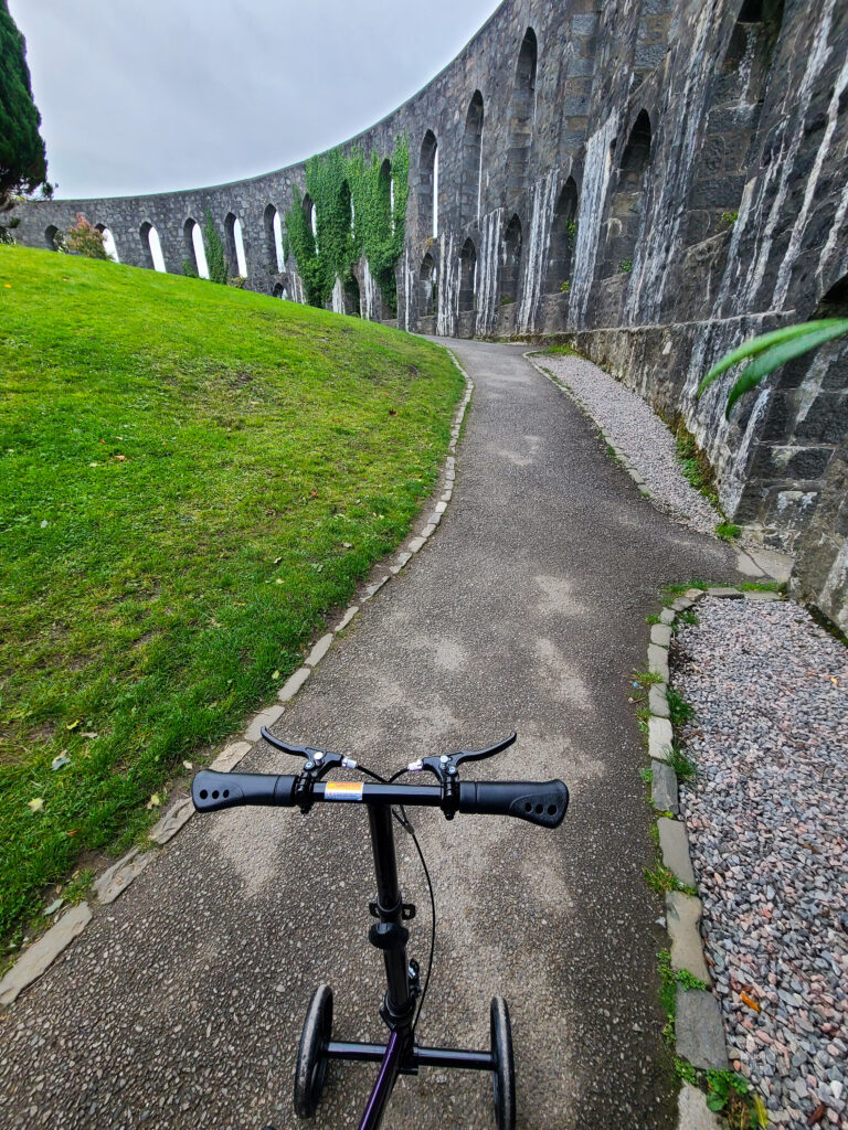 On the path inside McCaig's Tower from my knee scooter