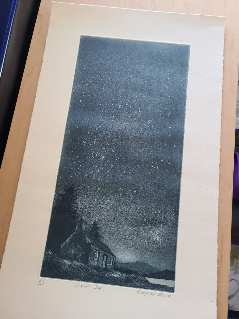 Black and white etching of a bothy with a stary sky above - Dark Sky by Gregory Moore