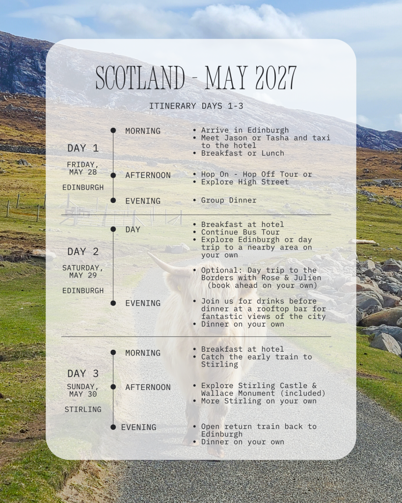 Itinerary for days 1-3 of the Scotland trip.