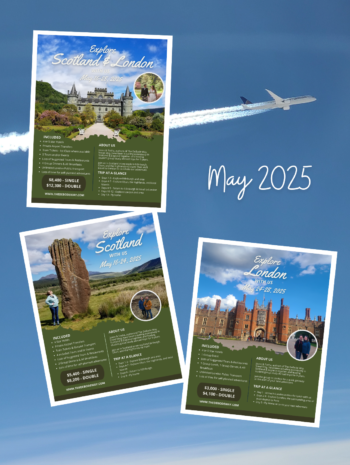 Information for three trip options for May 2025 - Scotland and London, Scotland only, and London only. Airplane in blue sky background.